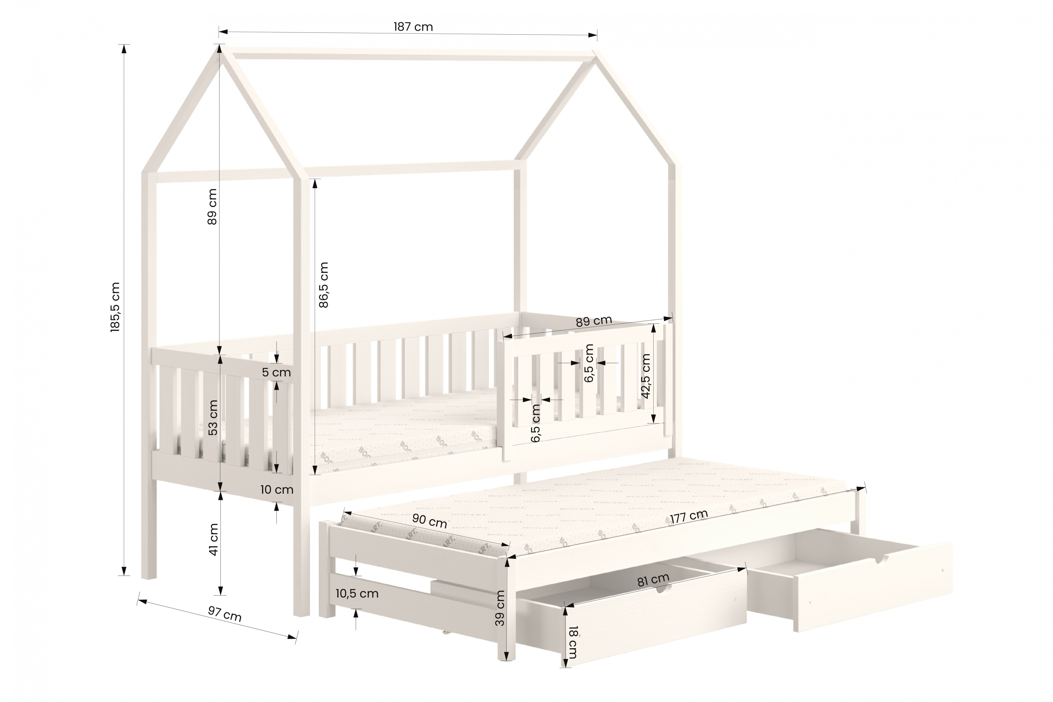 Detská posteľ domček prízemná s výsuvným lôžkom Nemos - Biely, 90x180 Posteľ dzieciece prízemná s výsuvným lôžkom Nemos - Rozmery