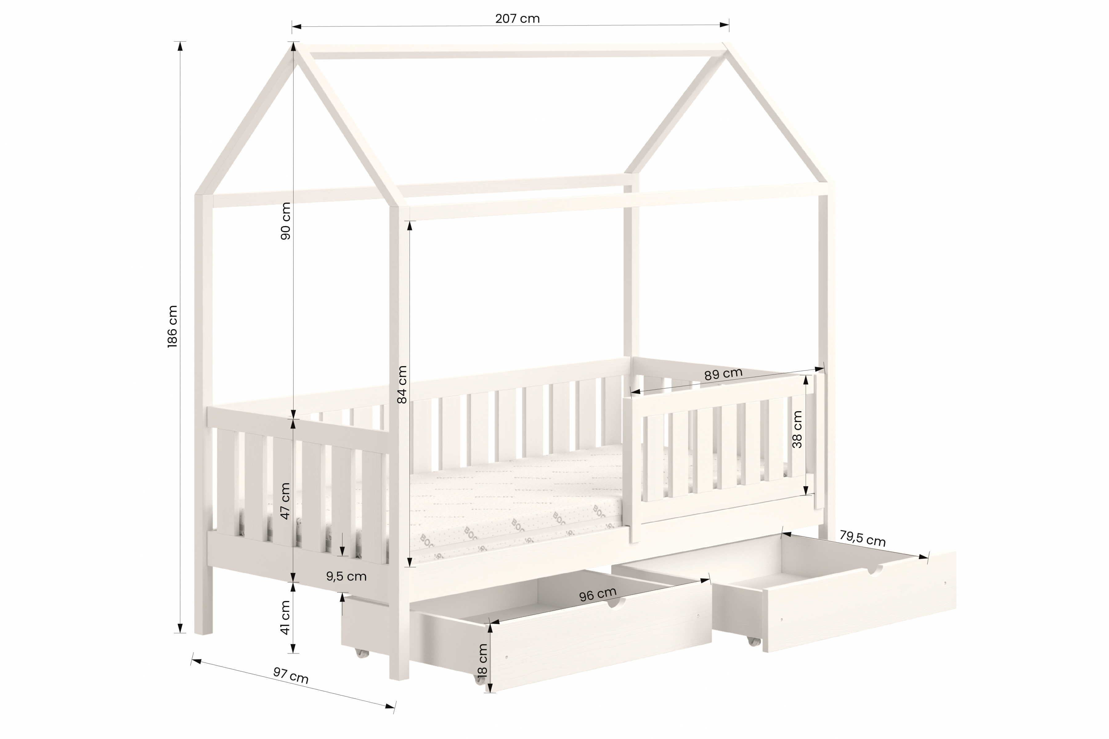 Dětská domečková postel Nemos II 90x200 se zásuvkami - bílá postel dzieciece přízemní s zásuvkami Nemos II - Rozměry
