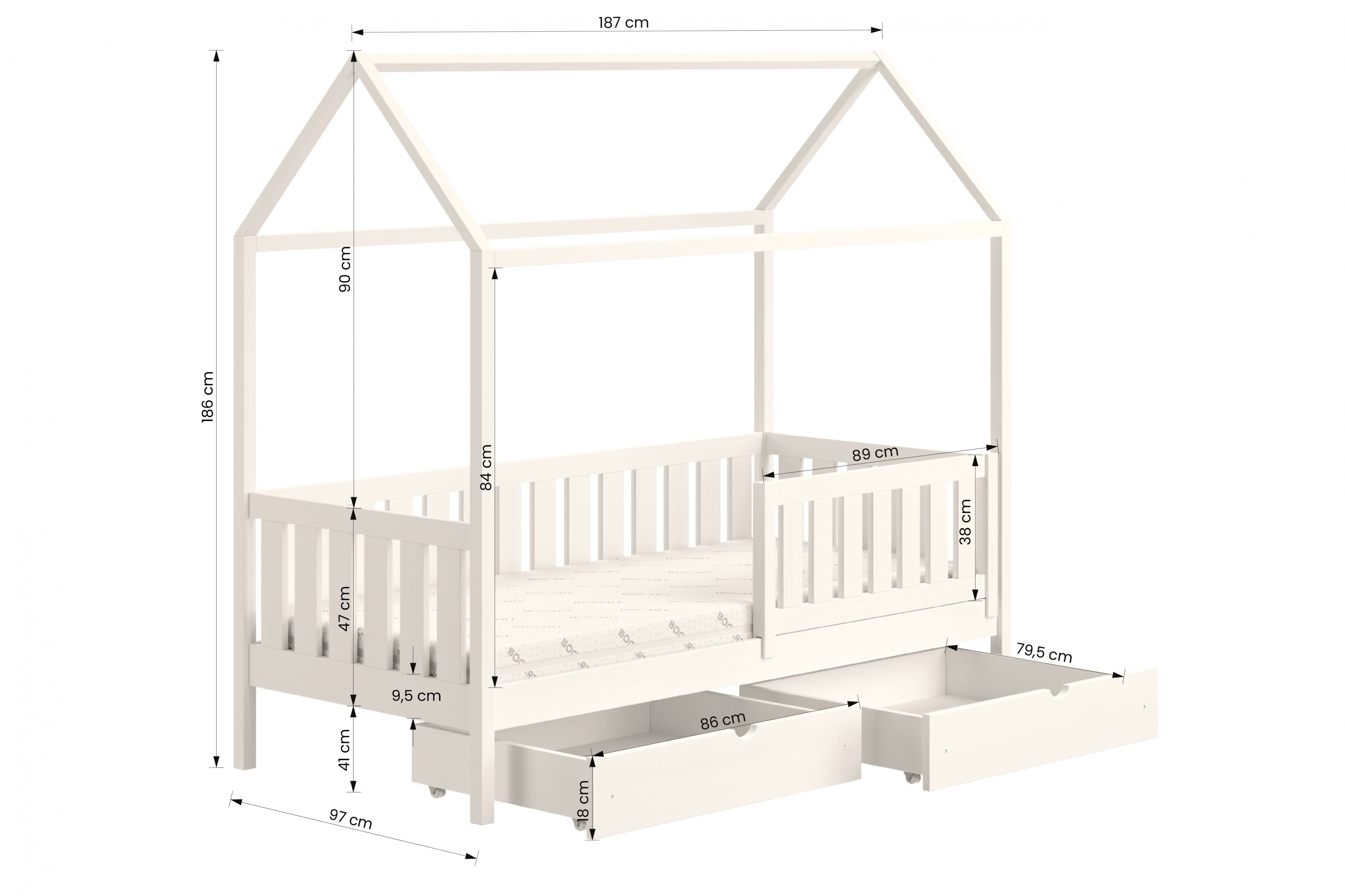 postel dětské domeček přízemní s zásuvkami Nemos II - Bílý, 90x180 postel dzieciece přízemní s zásuvkami Nemos II - Rozměry