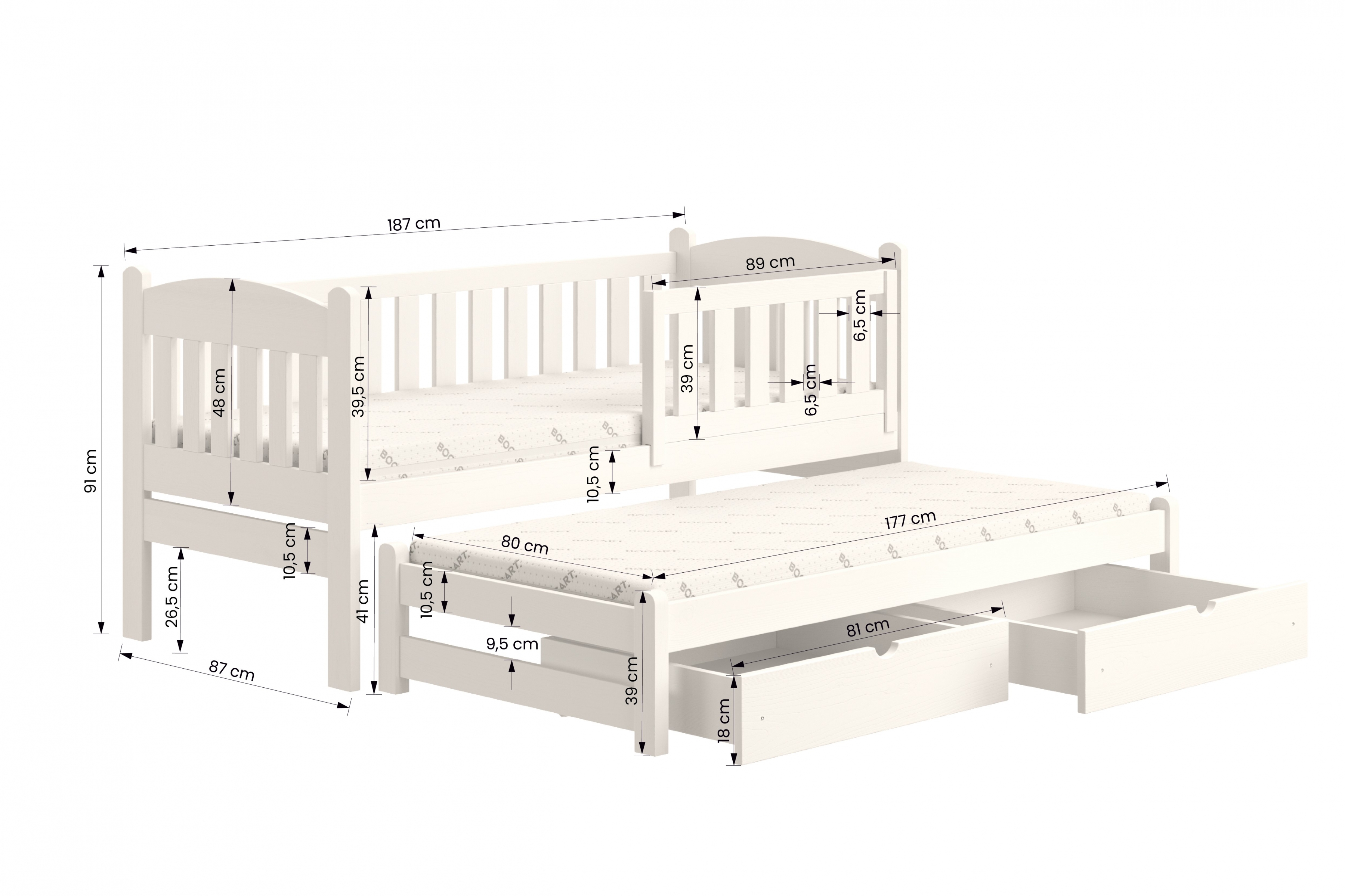 Detská posteľ prízemná s výsuvným lôžkom Alvins - šedý, 80x180 Posteľ dzieciece prízemná s výsuvným lôžkom Alvins - Farba šedý - Rozmery