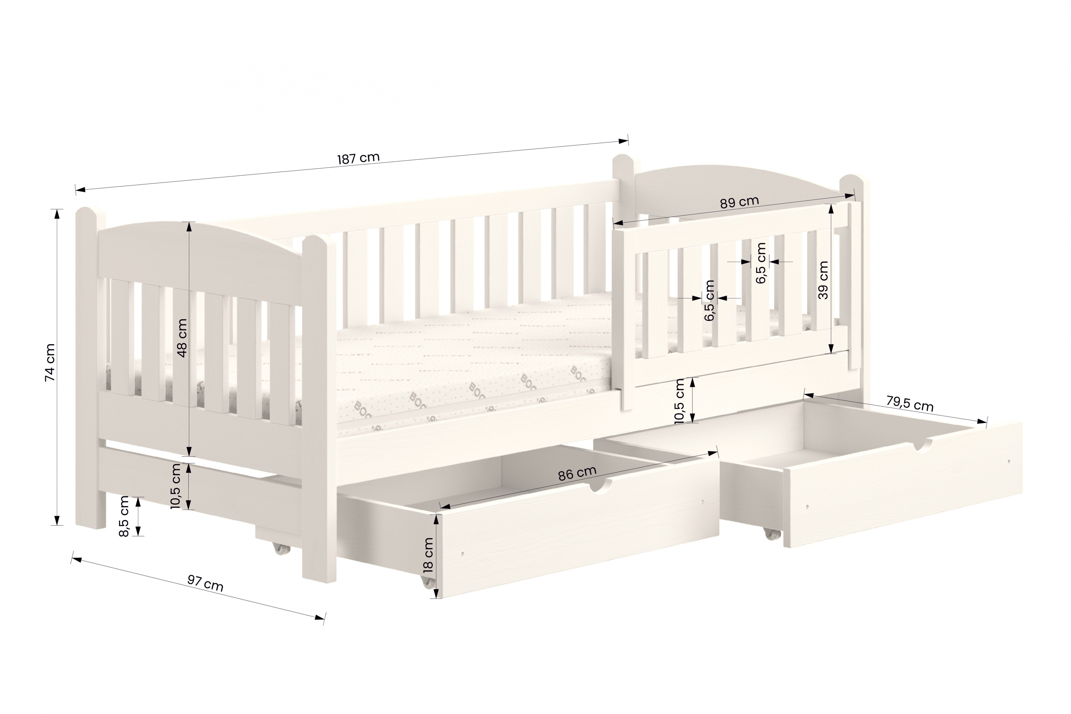 Dřevěná dětská postel Alvins DP 002 90x180 - bílá postel dzieciece drewniane Alvins - Rozměry