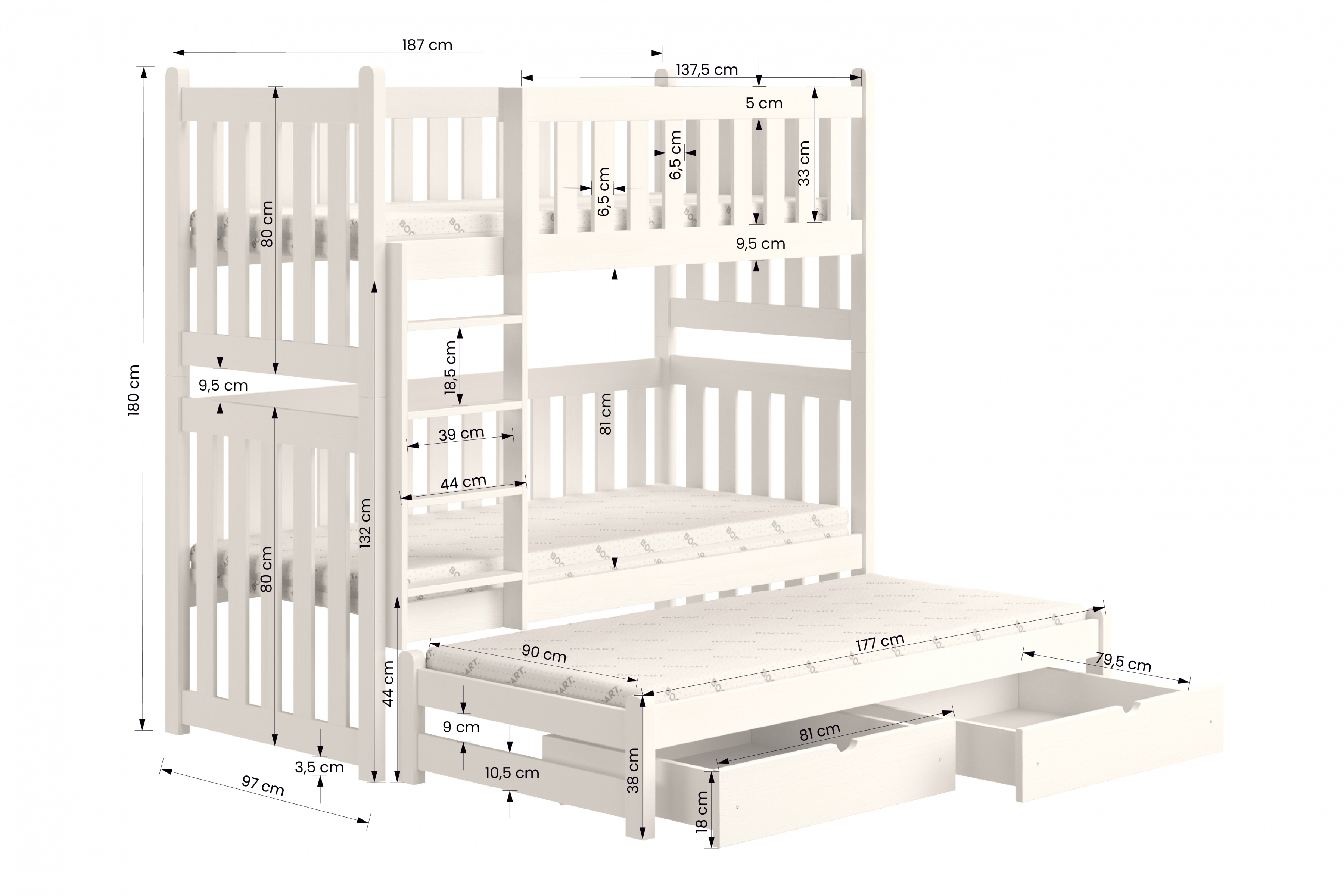 Swen PPV 023 emeletes ágy, kihúzható - Fehér, 90x180 Emeletes ágy kihúzhato Swen - méretek