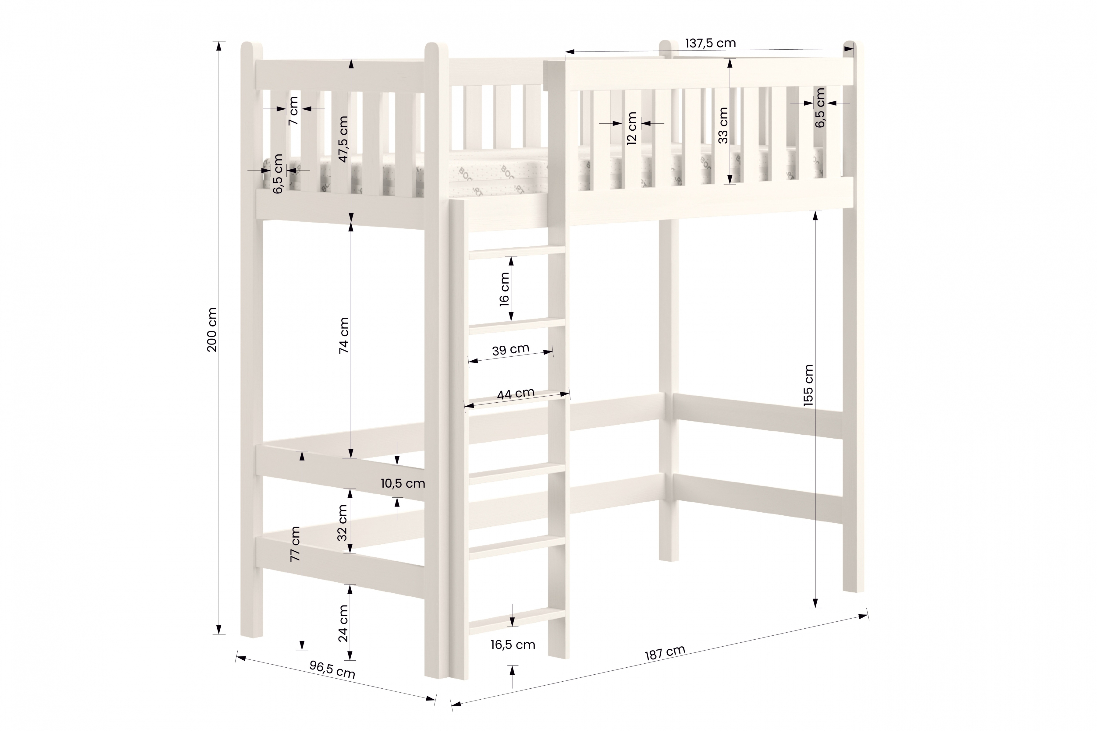 postel vyvýšená postel dřevěná Swen ZP 008 - Bílý, 90x180 postel vyvýšená postel dřevěná Swen - Rozměry