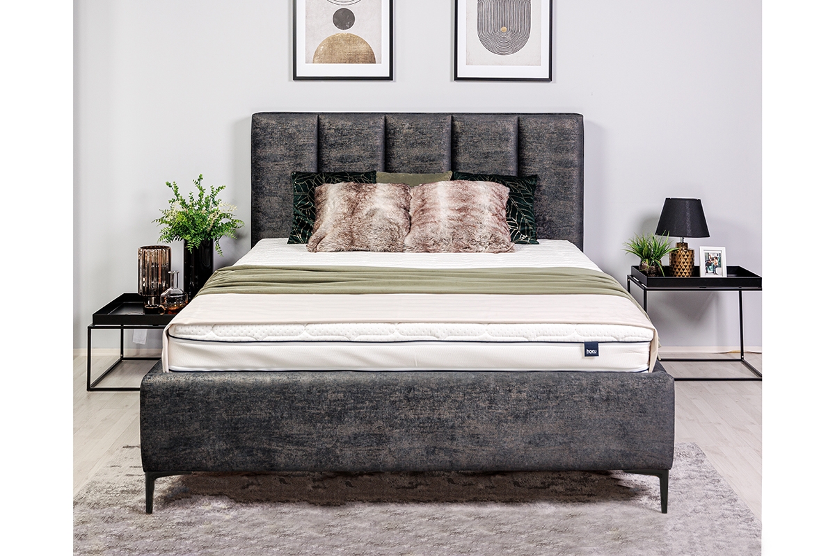 postel čalouněné pro ložnice s úložným prostorem Klabi - 180x200, Nohy černé postel pro ložnice w szarej tkaninie ze zlotymi nozkami 
