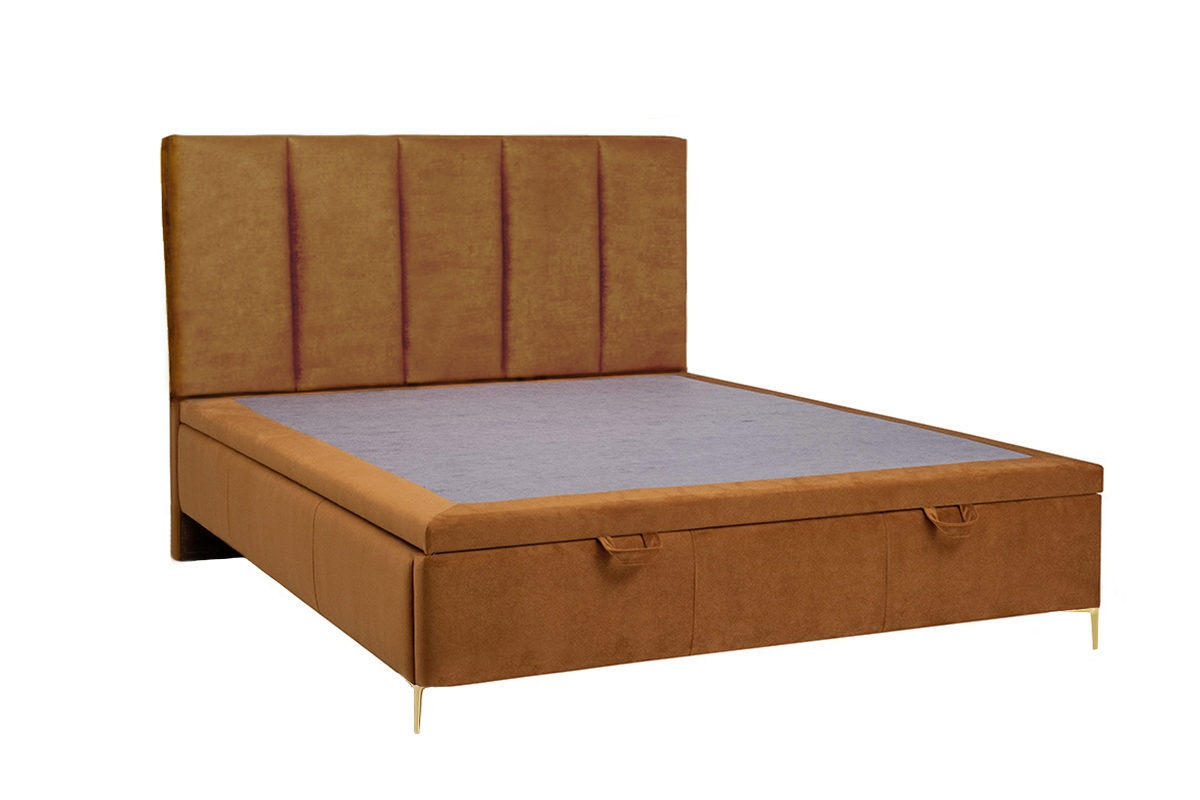 postel pro ložnice s čalouněným stelazem a úložným prostorem Klabi - 140x200, Nohy zlaté  postel Klabi z wezglowiem s prošíváním 