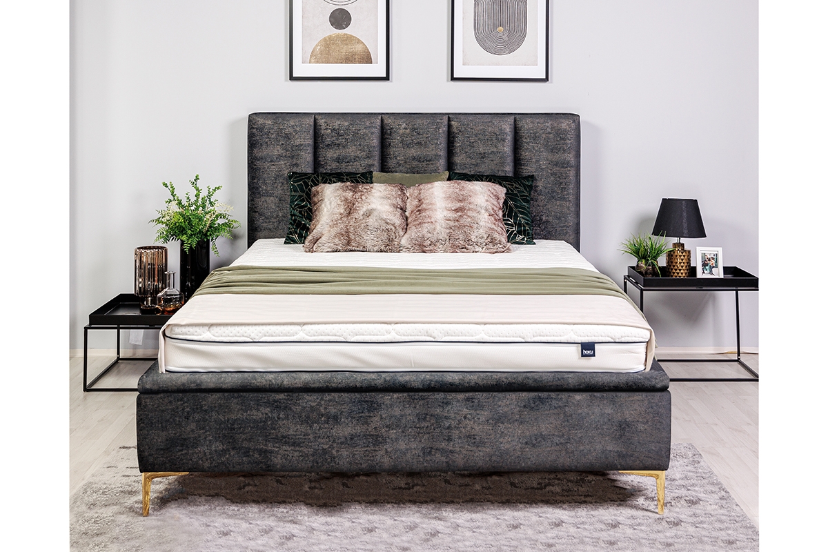 postel pro ložnice s čalouněným stelazem a úložným prostorem Klabi - 160x200, Nohy zlaté  šedý postel ze zlotymi nozkami 
