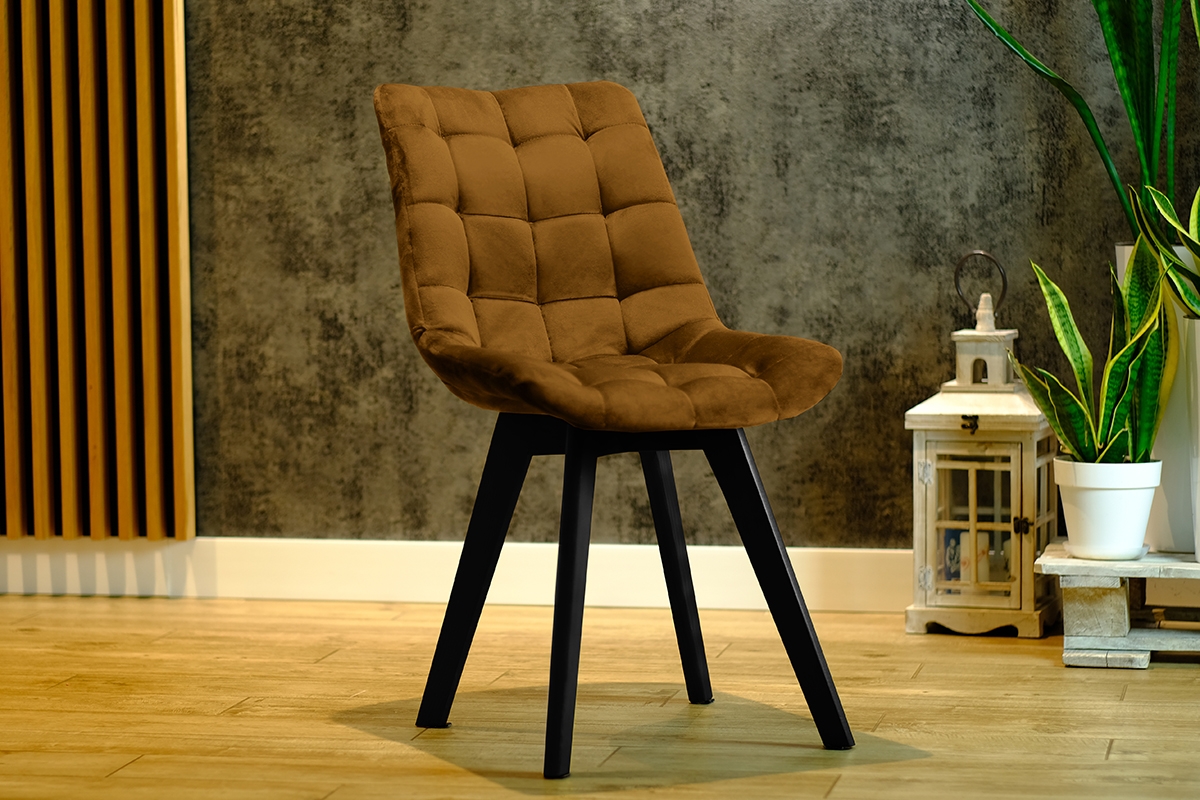 Scaun tapițat Prato cu picioare din lemn - muștar Vena 2 / negru Picioare scaune musztardowe do Camere de luat masa