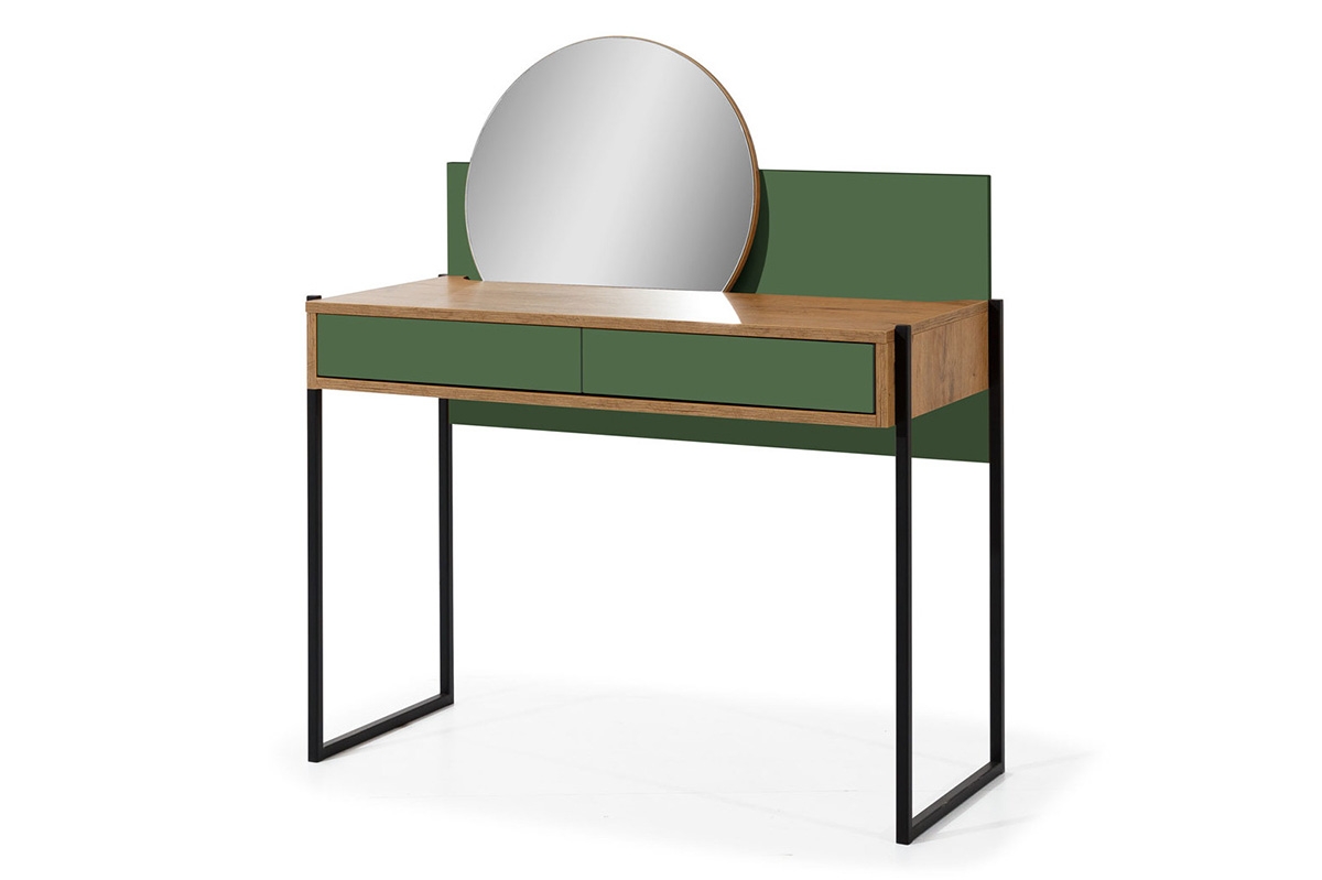 Toaletní stolek z dwiema zásuvkami Color Loft oraz regulowanym zrcadlem - Dub Lefkas / Zeleň láhvová zielona Toaletní stolek