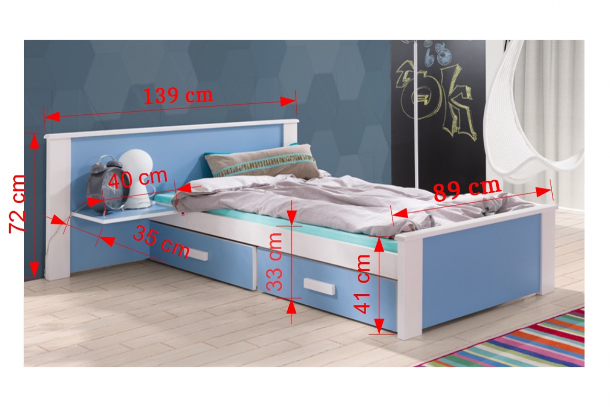 postel dzieciece přízemní Puttio II - Bílý akrylová + Dub sonoma, 80x180  postel dzieciece přízemní Puttio II - Rozměry