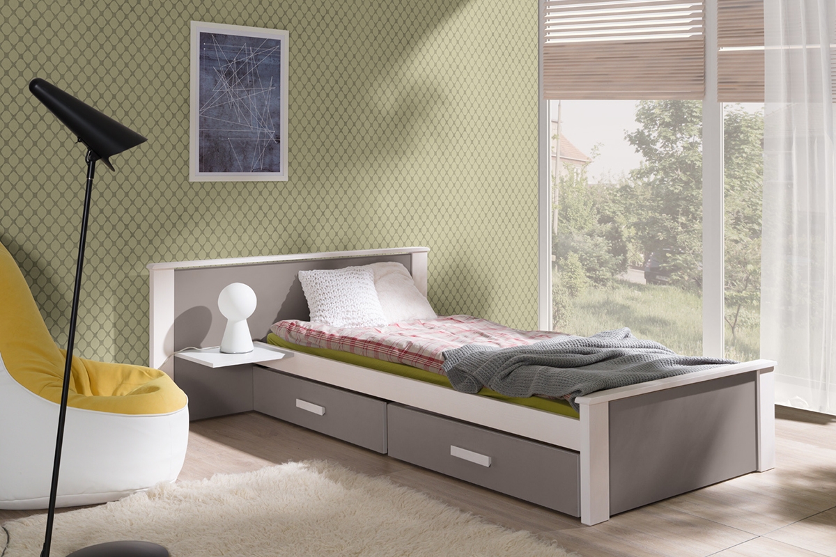 postel dzieciece přízemní Puttio II - Bílý akrylová + trufel, 80x180  postel dzieciece Puttio II z dwoma zásuvkami z kolkami 