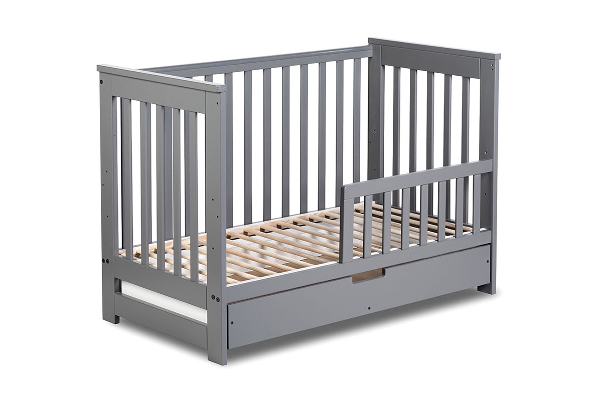 drevená posteľ dla niemowlaka z szuflada i barierka Iwo - grafit, 120x60 drevená posteľ dla niemowlaka z szuflada i barierka Iwo - grafit, 120x60