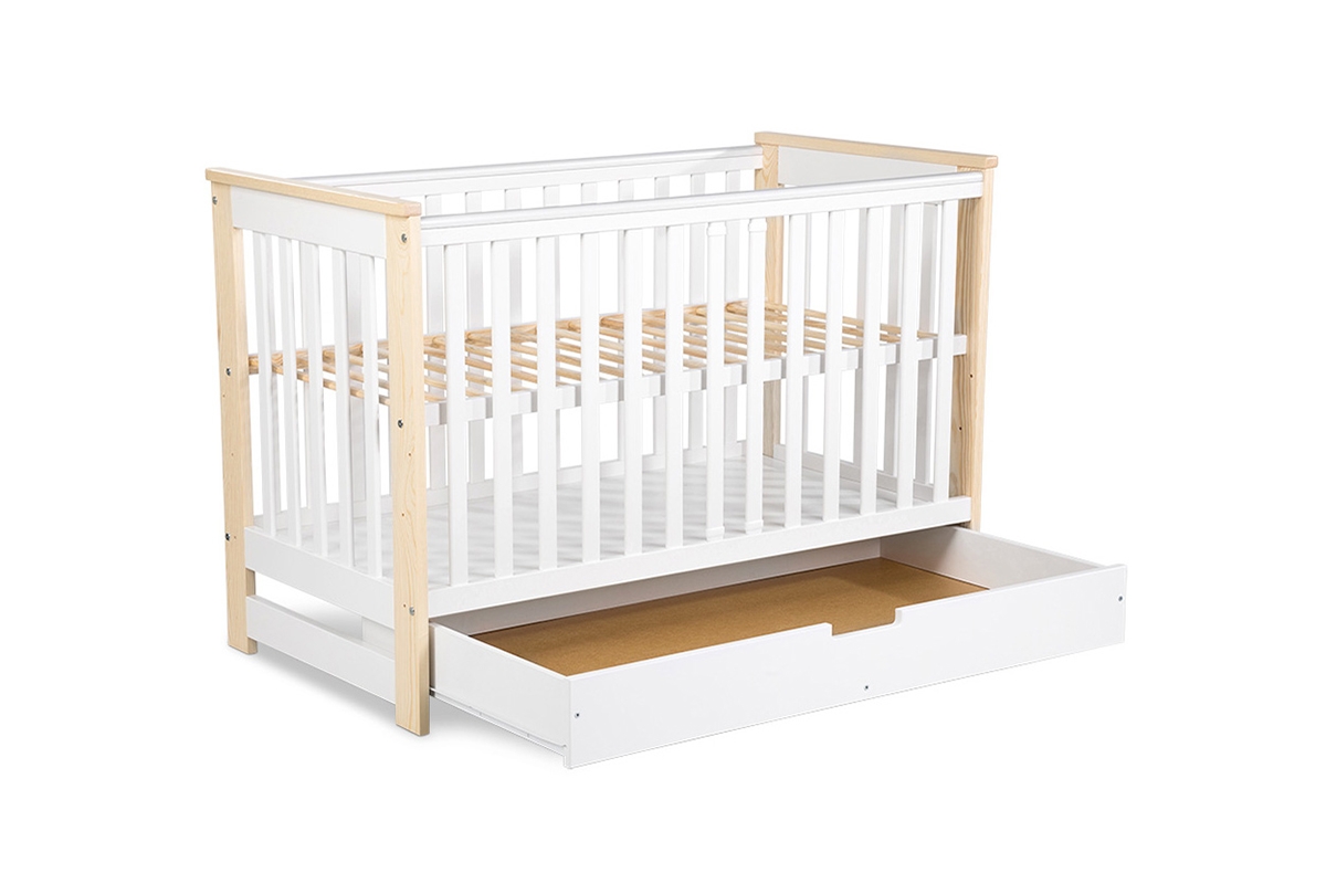 drevená posteľ dla niemowlaka z szuflada i barierka Iwo - Biely/Borovica, 120x60 biale posteľ niemowlece z szuflada na posciel 