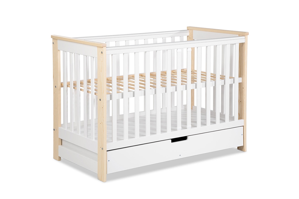 drevená posteľ dla niemowlaka z szuflada i barierka Iwo - Biely/Borovica, 120x60 biale posteľ niemowlece od pierwszego dnia 