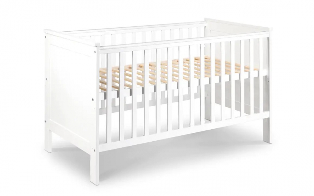drevená posteľ dla niemowlaka so zábradlím Iwo - Biely, 140x70 biale posteľ niemowlece z regulowanym dnem 