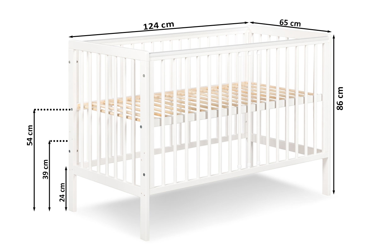 drevená posteľ dla niemowlaka so zábradlím Timi - Biely/Borovica, 120x60 drevená posteľ dla niemowlaka so zábradlím Timi - Rozmery