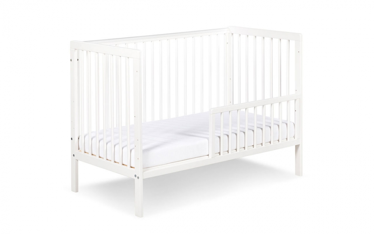 dřevěnýpostel dla niemowlaka z barierka Timi - Bílý, 120x60 biale postel z barierka 