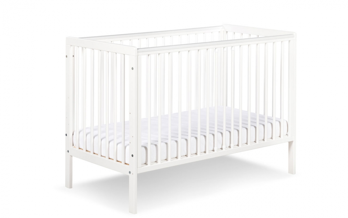 drevená posteľ dla niemowlaka so zábradlím Timi - Biely, 120x60 posteľ niemowlece z nozkami 