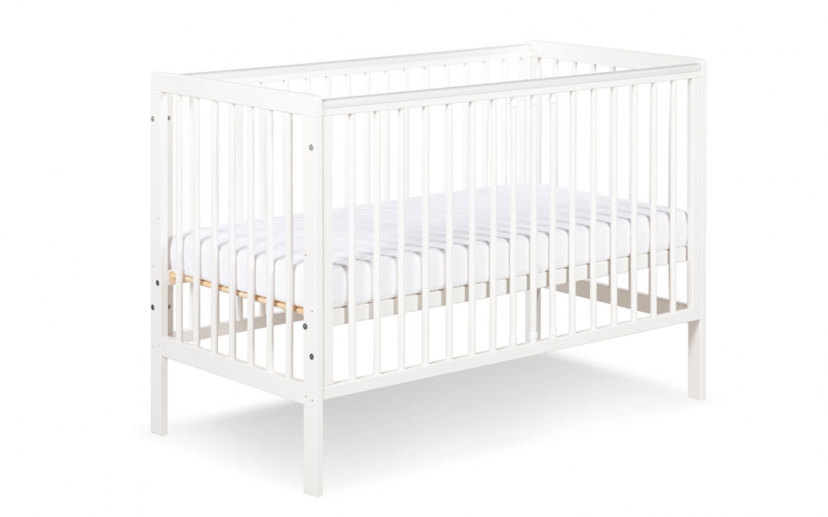 drevená posteľ dla niemowlaka so zábradlím Timi - Biely, 120x60 posteľ niemowlece z regulowana wysokoscia dna 
