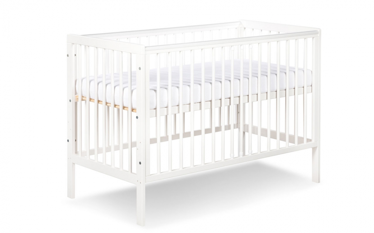 dřevěnýpostel dla niemowlaka z barierka Timi - Bílý, 120x60 biale postel niemowlece  