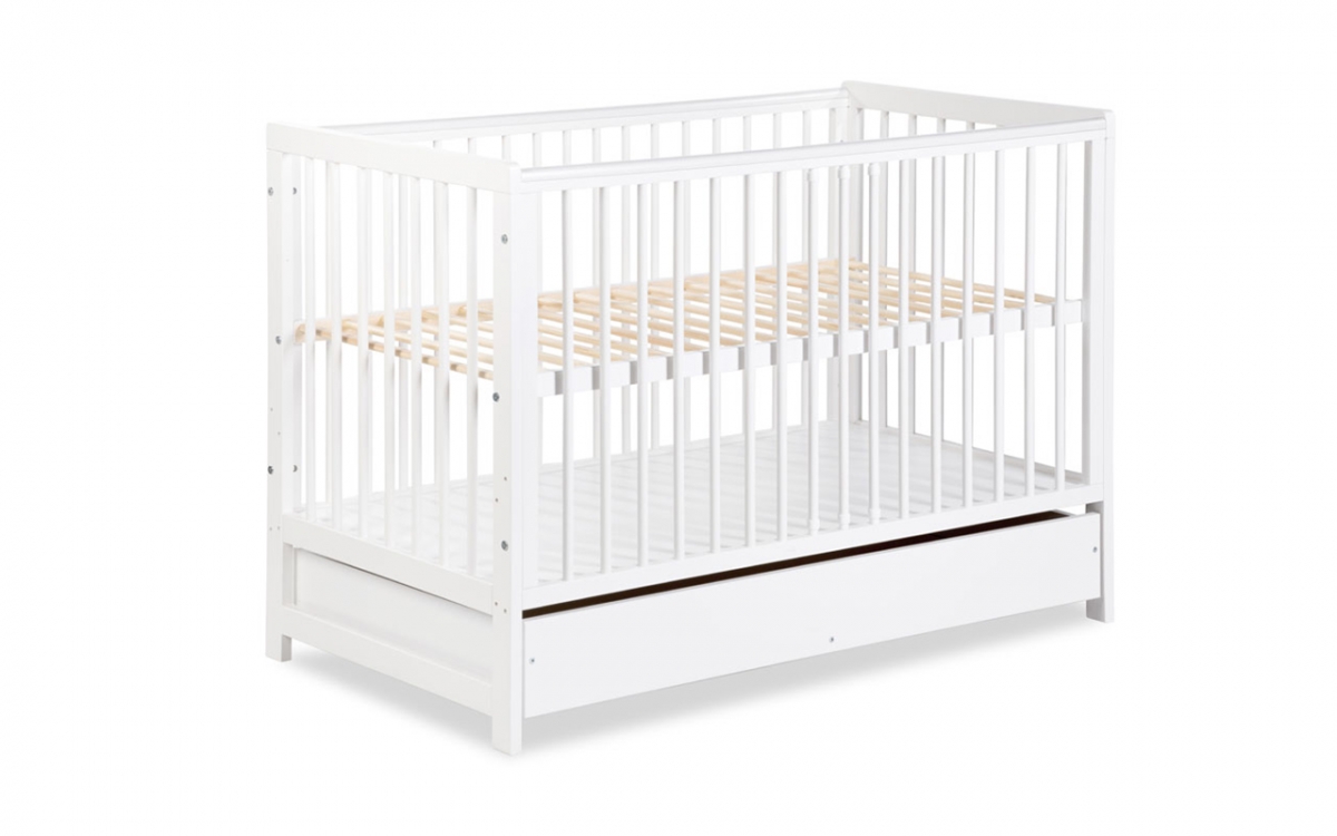 dřevěnýpostel dla niemowlaka z szuflada i barierka Timi - Bílý, 120x60 biale postel niemowlece z szuflada  