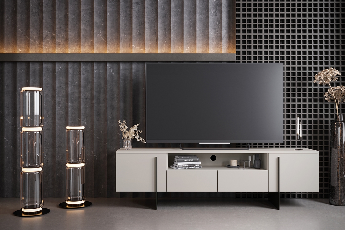TV stolek Larena 200 cm s výklenkem - kašmírová / černé nožky kaszmirowa Skříňka rtv na nogach