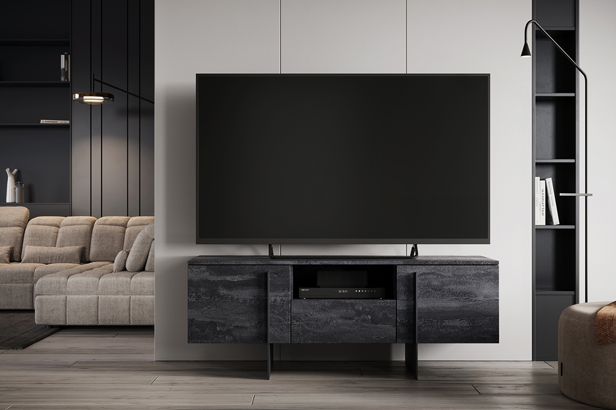 TV stolek Larena 150 cm s výklenkem - černý beton / černé nožky Skříňka rtv stojaca