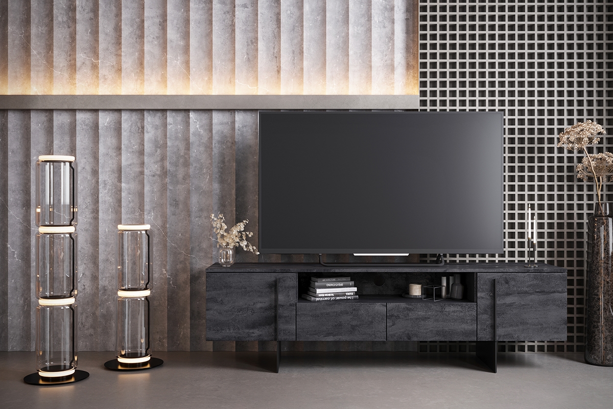 Larena TV-szekrény 200 cm, nyitott polccal - faszén / fekete lábak szafka rtv na czarnych nogach