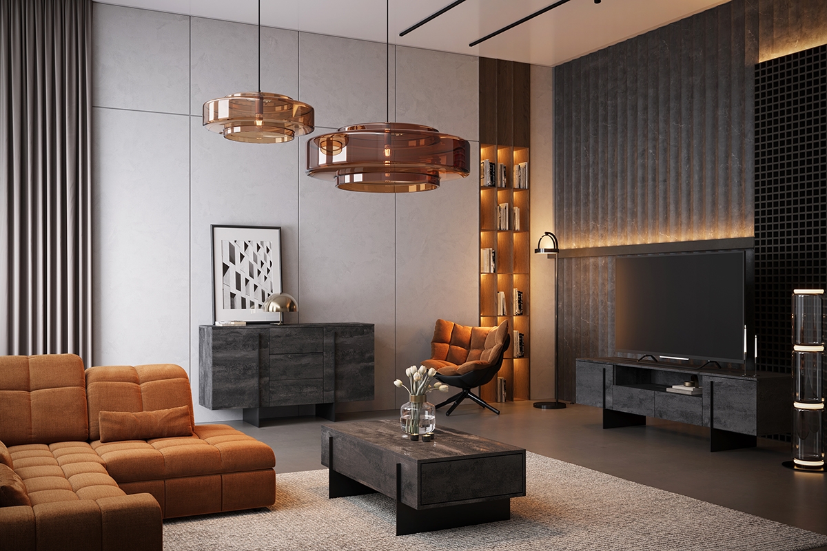 TV stolek Larena 200 cm s výklenkem - černý beton / černé nožky Skříňka rtv do obývacího pokoje