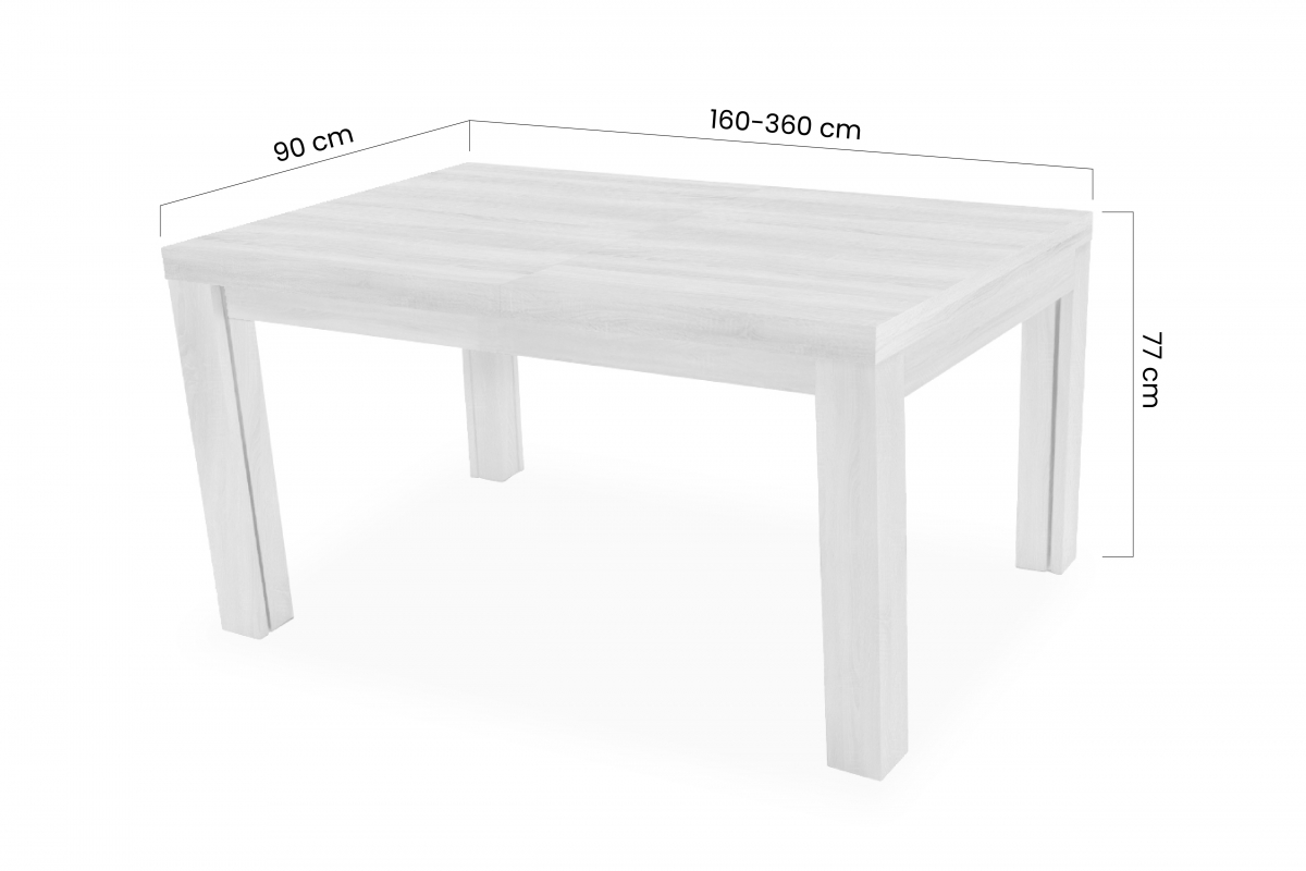 Stůl w drewnianej okleinie rozkladany 160-360 cm Kalabria na drewnianych nogach - Venge Stůl w drewnianej okleinie rozkladany 160-360 cm Kalabria na drewnianych nogach - Venge - Rozměry