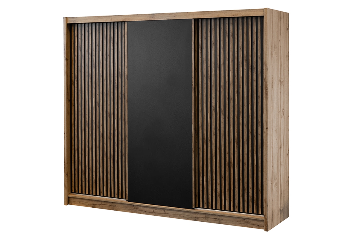 Skříň s posuvnými dveřmi z lamelami London 250 cm - Dub wotan / Černý Skříň s posuvnými dveřmi z lamelami London 250 cm - Dub wotan / Černý 