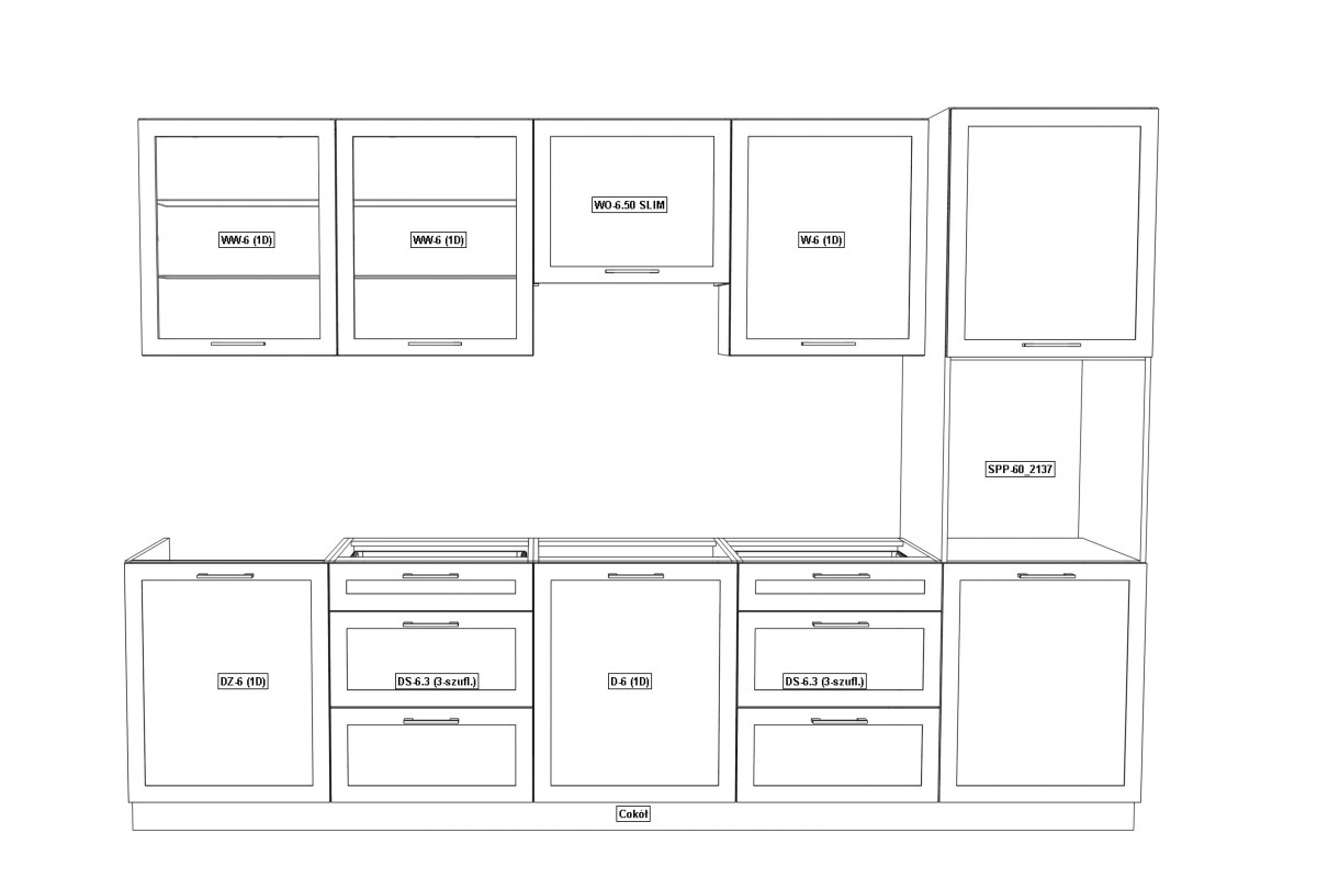 Komplet kuchyňského nábytku Navia Design 300cm - biely mat  Schemat bryl v sade nábytku kuchynského Navia Design 3m