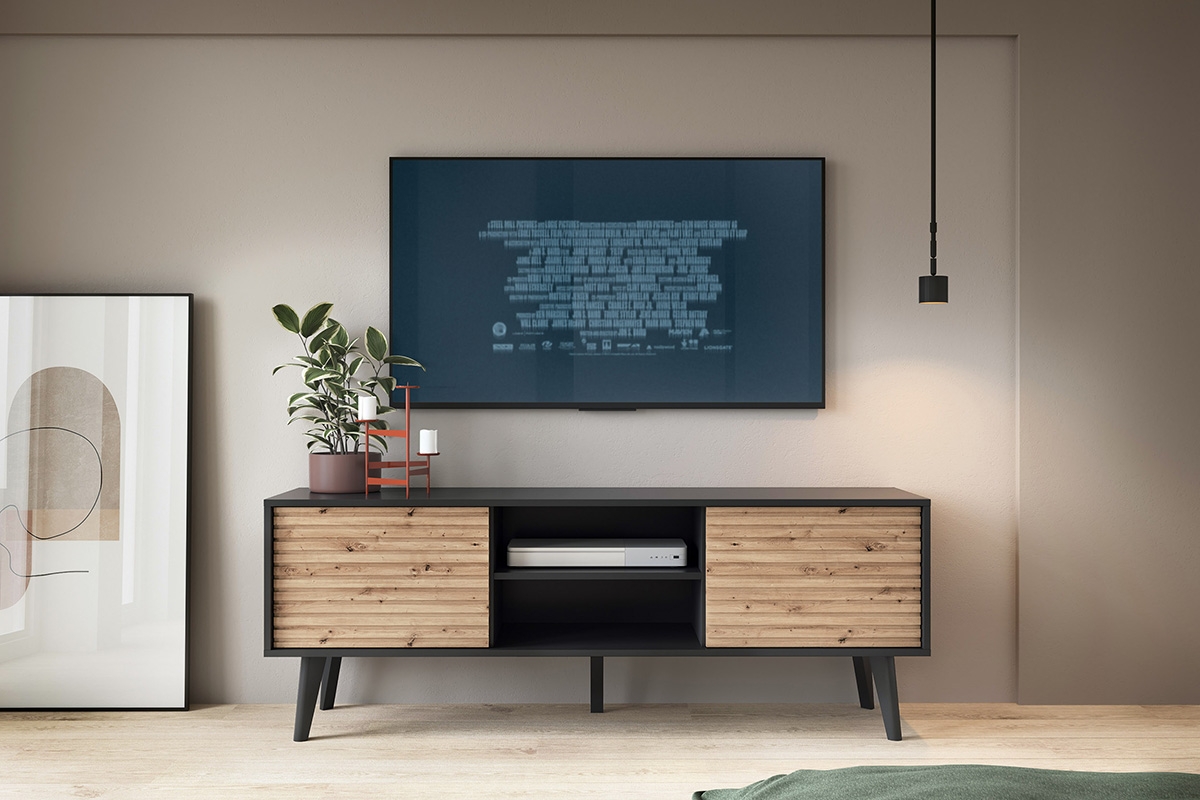 TV skrinka Elemoz 154 cm s frézovaným frontom i wnekami - Čierny / artisan TV skrinka Elemoz 154 cm s frézovaným frontom i wnekami - Čierny / artisan - vizualizácia
