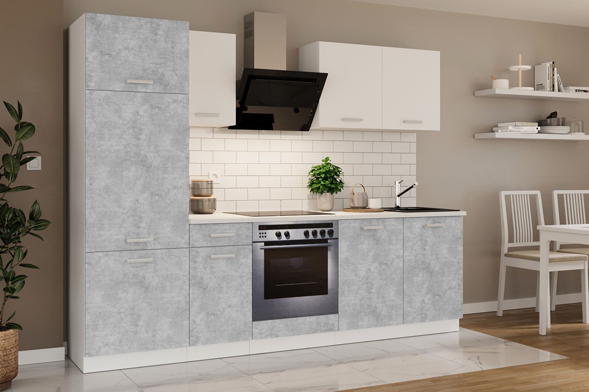 Komplet kuchyňského nábytku Otin 2,6 m - bellato šedý/Biely  Komplet kuchyňského nábytku Otin 2,6 m - vizualizácia 