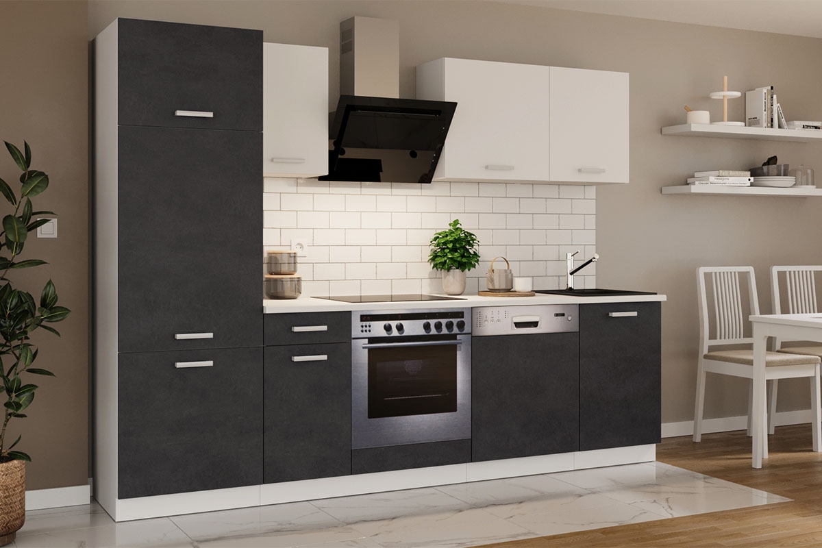 Komplet kuchyňského nábytku Otin 2,7 m - šedý matera/Biely Komplet kuchyňského nábytku Otin 2,7 m - vizualizácia 