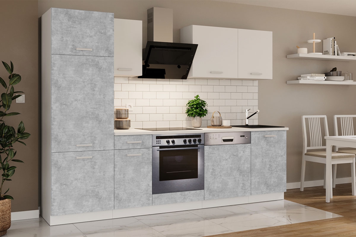 Komplet kuchyňského nábytku Otin 2,7 m - bellato šedý/Biely Komplet kuchyňského nábytku Otin 2,7 m - vizualizácia 