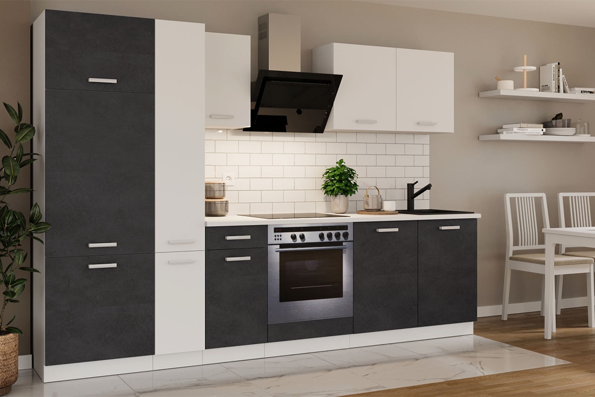 Komplet kuchyňského nábytku Otin 2,9 m - šedý matera/Biely Komplet kuchyňského nábytku Otin 2,9 m - vizualizácia 