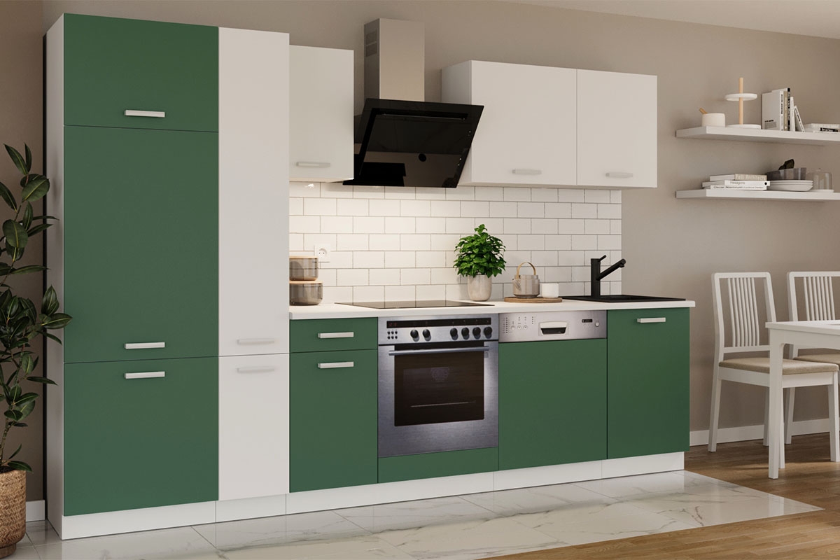 Komplet kuchyňského nábytku Otin 3 m - Zelený labrador/Biely Komplet kuchyňského nábytku Otin 3 m - vizualizácia 