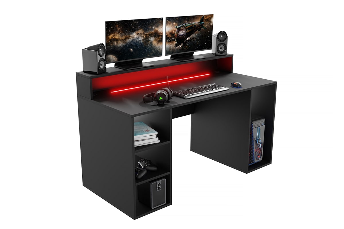 psací stůl gamingowe Demin z policemi i tasma LED - Černý  psací stůl gamingowe Demin z policemi i tasma LED - Černý 