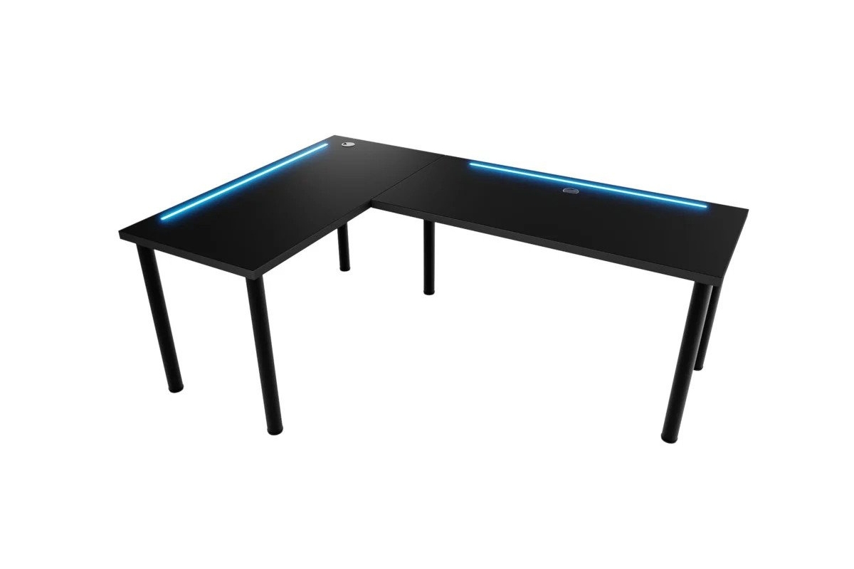 PC stôl Nelmin 200 cm s LED ľavý - čierna Písací stôl gamingowe Nelmin 200 cm na kovových nohách z tasma LED lewe - Čierny 