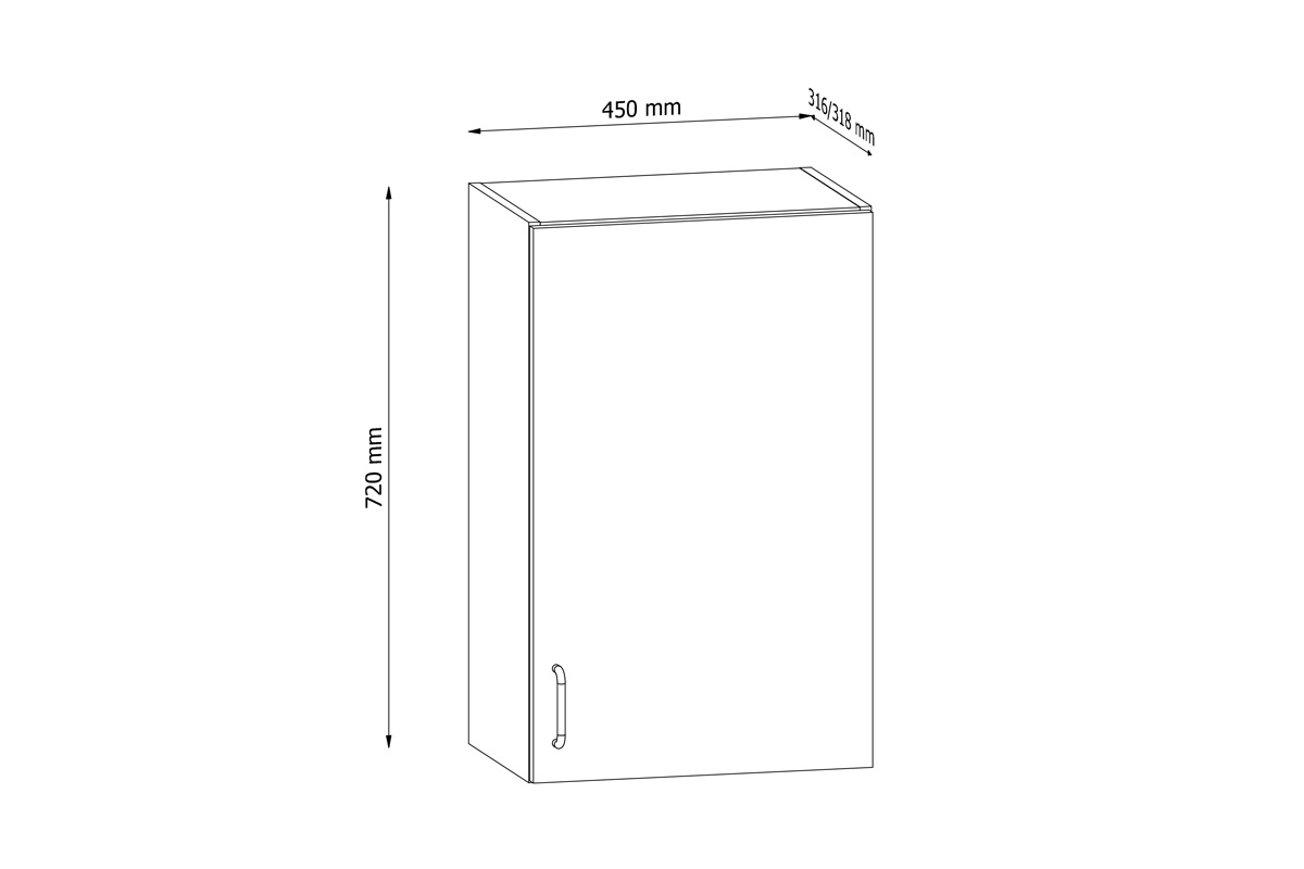 Skříňka kuchyňská závěsná jednodveřová Aspen G45 - Bílý lesk  Skříňka kuchyňská závěsná jednodveřová Aspen G45 - Rozměry