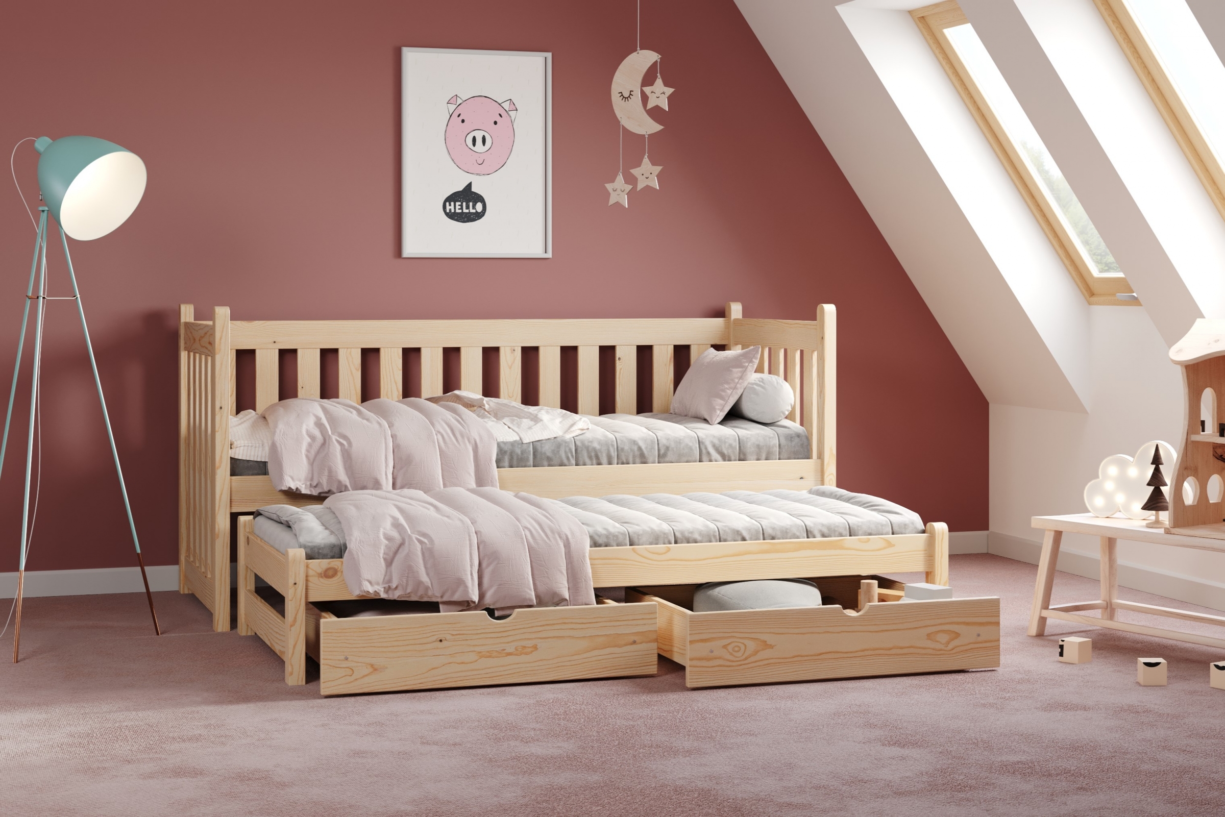 postel přízemní výsuvná Swen s zásuvkami - Borovice, 80x160 postel přízemní výsuvná Swen - Barva Borovice - aranzacja