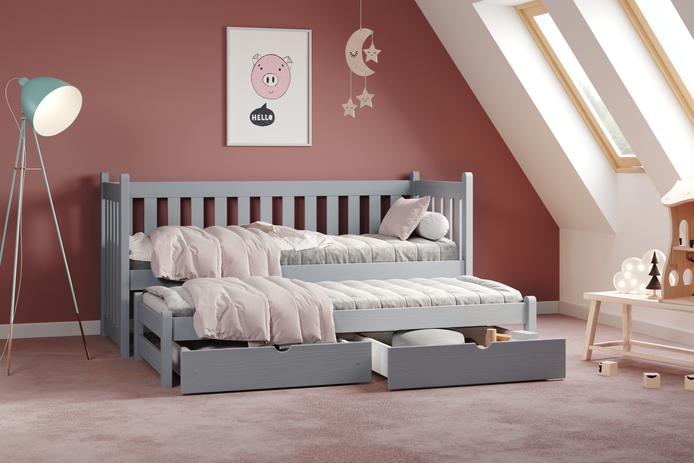 postel přízemní výsuvná Swen s zásuvkami - šedý, 80x180 postel přízemní výsuvná Swen - Barva šedý - aranzacja
