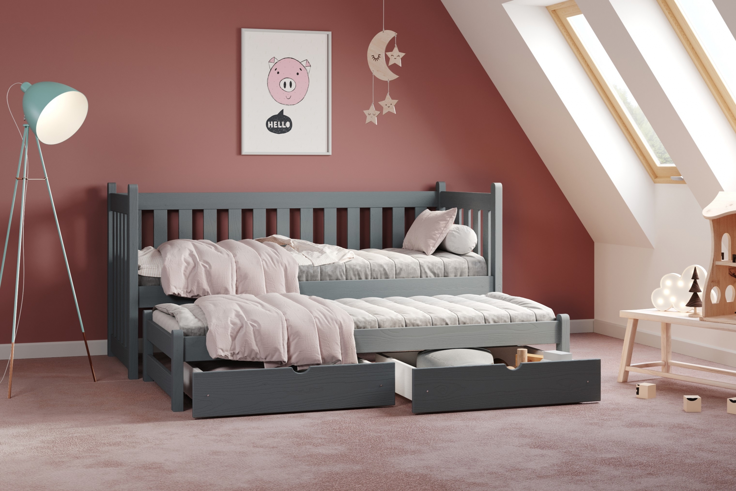 postel přízemní výsuvná Swen s zásuvkami - grafit, 80x160 postel přízemní výsuvná Swen - Barva Grafit - aranzacja