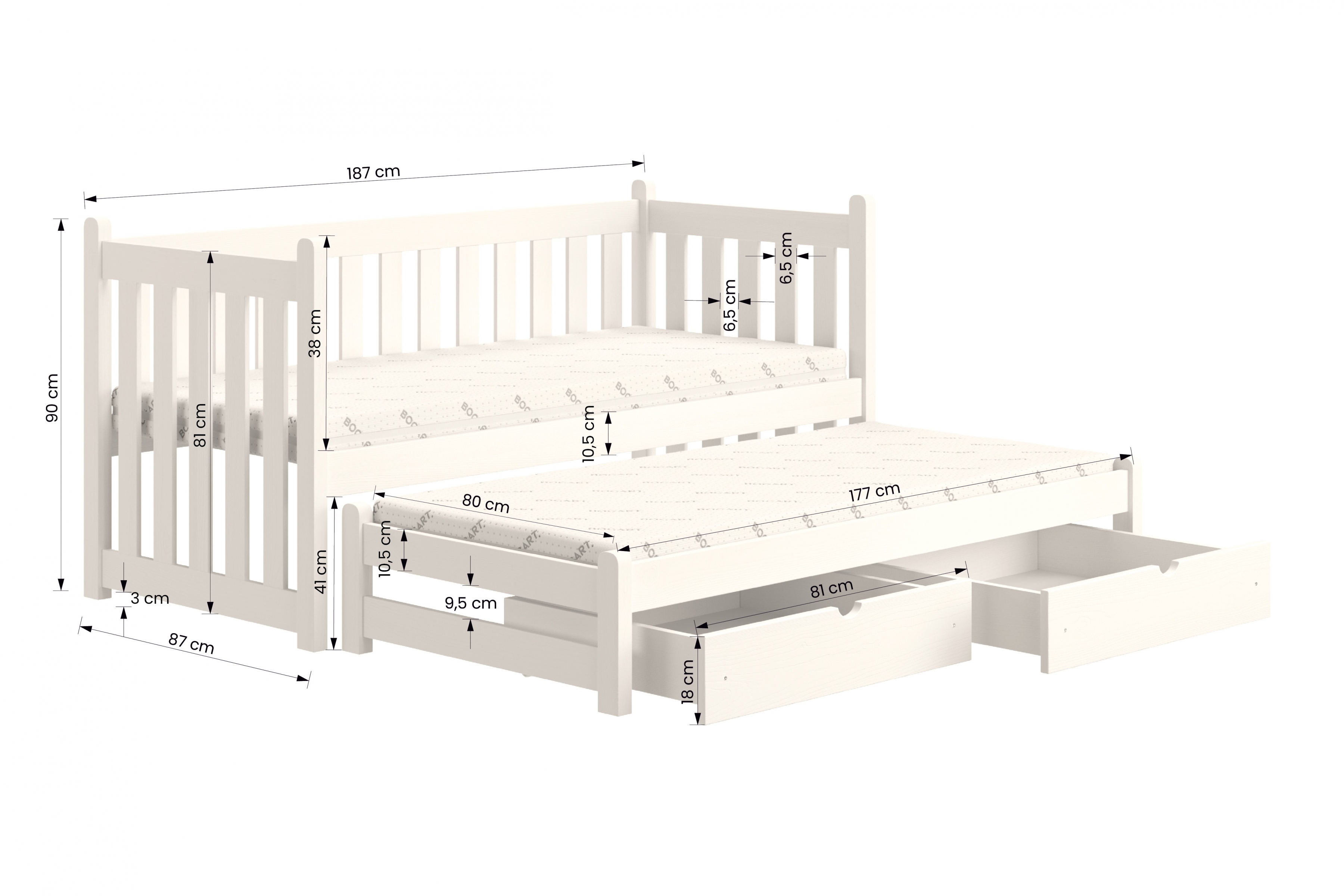 postel přízemní výsuvná Swen s zásuvkami - Bílý, 80x180 