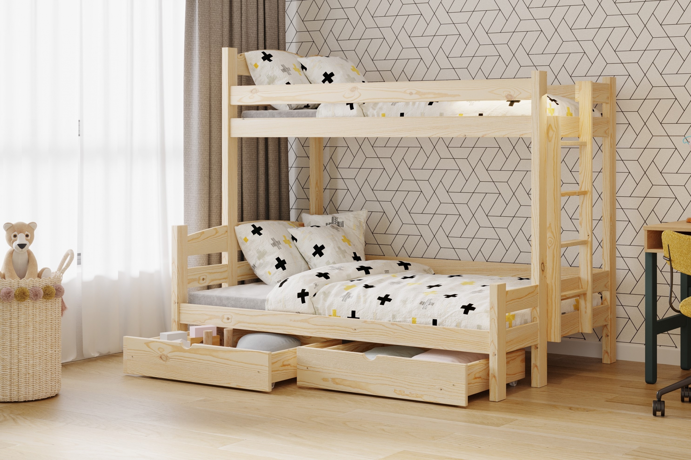 Lovic emeletes ágy, fiókokkal, jobb oldali - 80x200 cm/120x200 cm - fenyőfa Emeletes ágy fiokokkal Lovic - fenyőfa - aranzacja
