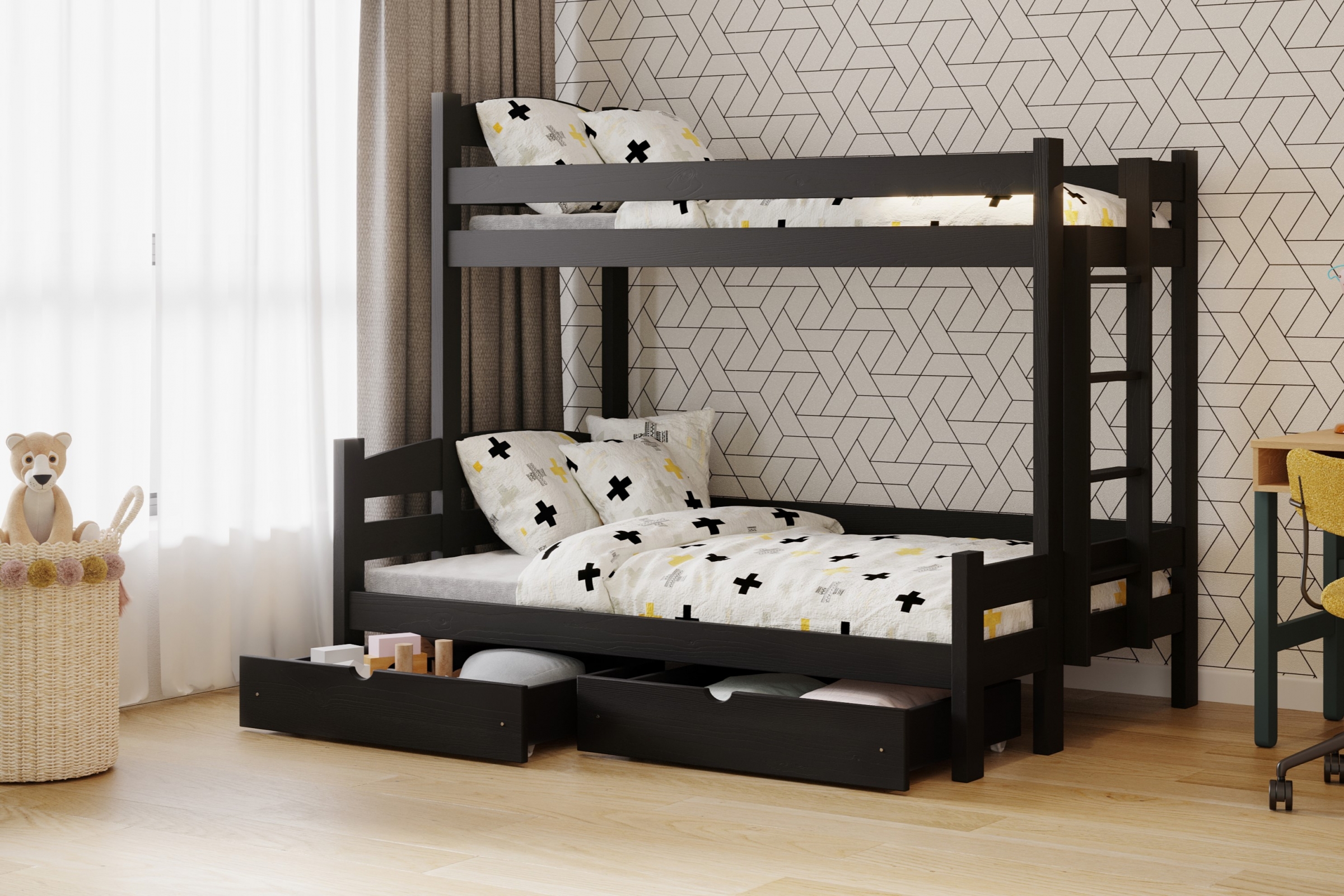 Lovic emeletes ágy, fiókokkal, jobb oldali - 80x200 cm/120x200 cm - fekete Emeletes ágy fiokokkal Lovic - fekete - aranzacja