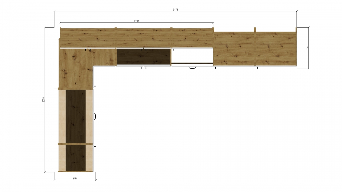 Komplet nábytku kuchennych Estella 350x210cm - Dub artisan / Bílý mat Komplet nábytku kuchennych Estella 350x210cm - Rozměry