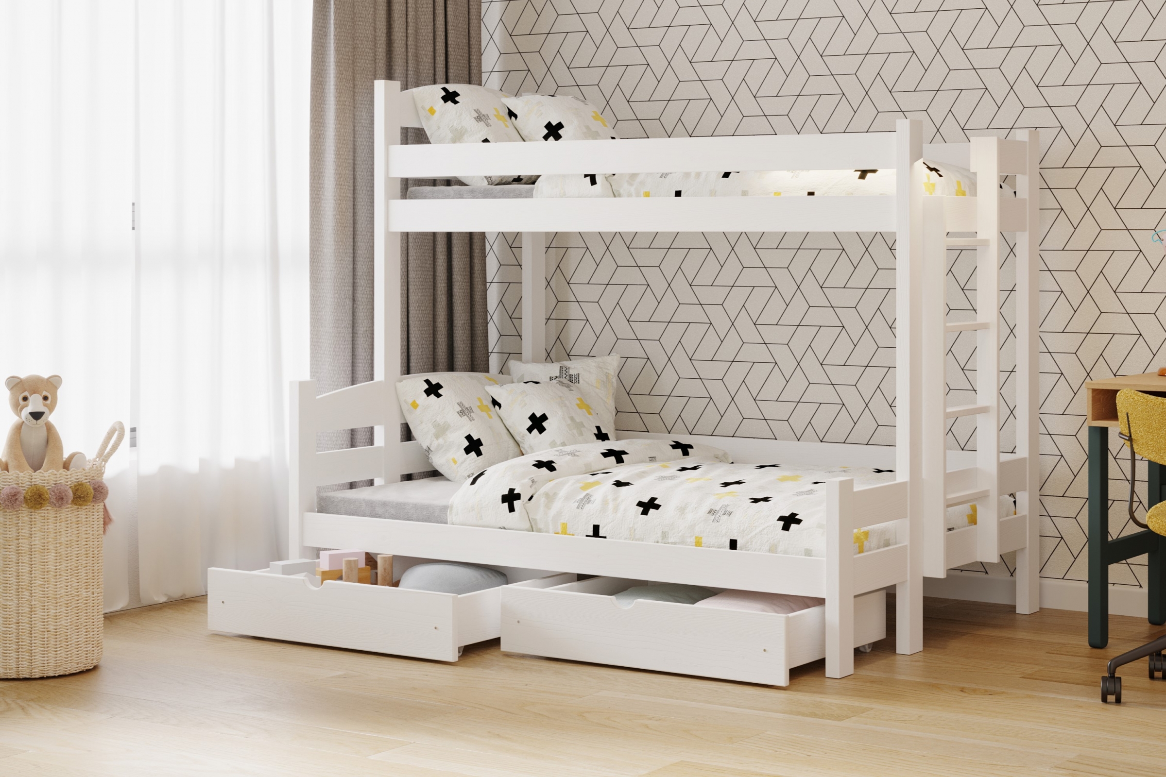 Lovic jobb oldali emeletes ágy fiókokkal - fehér, 80x200/140x200  Emeletes ágy fiokokkal Lovic - bialy - aranzacja
