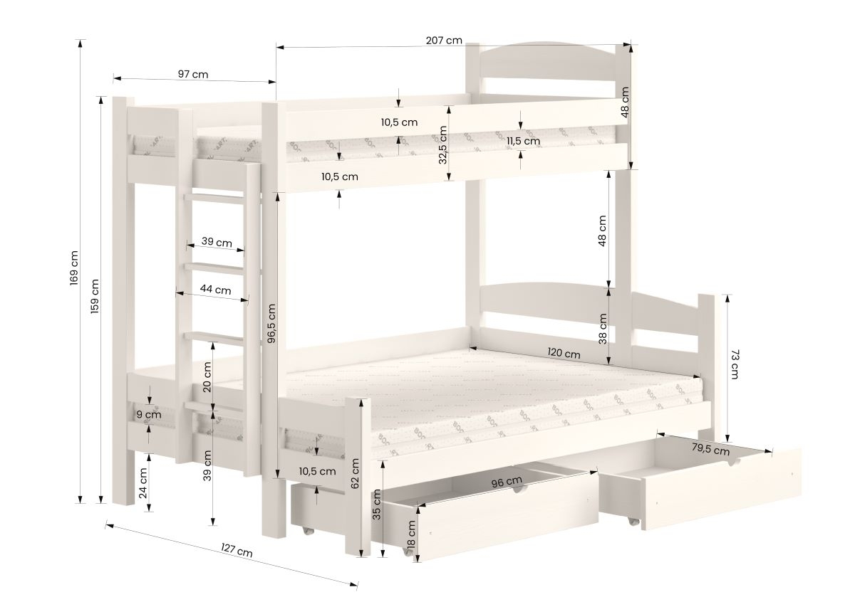 Lovic bal oldali emeletes ágy fiókokkal - fehér, 90x200/120x200  Emeletes ágy fiokokkal Lovic - bialy - méret 90x200/120x200
