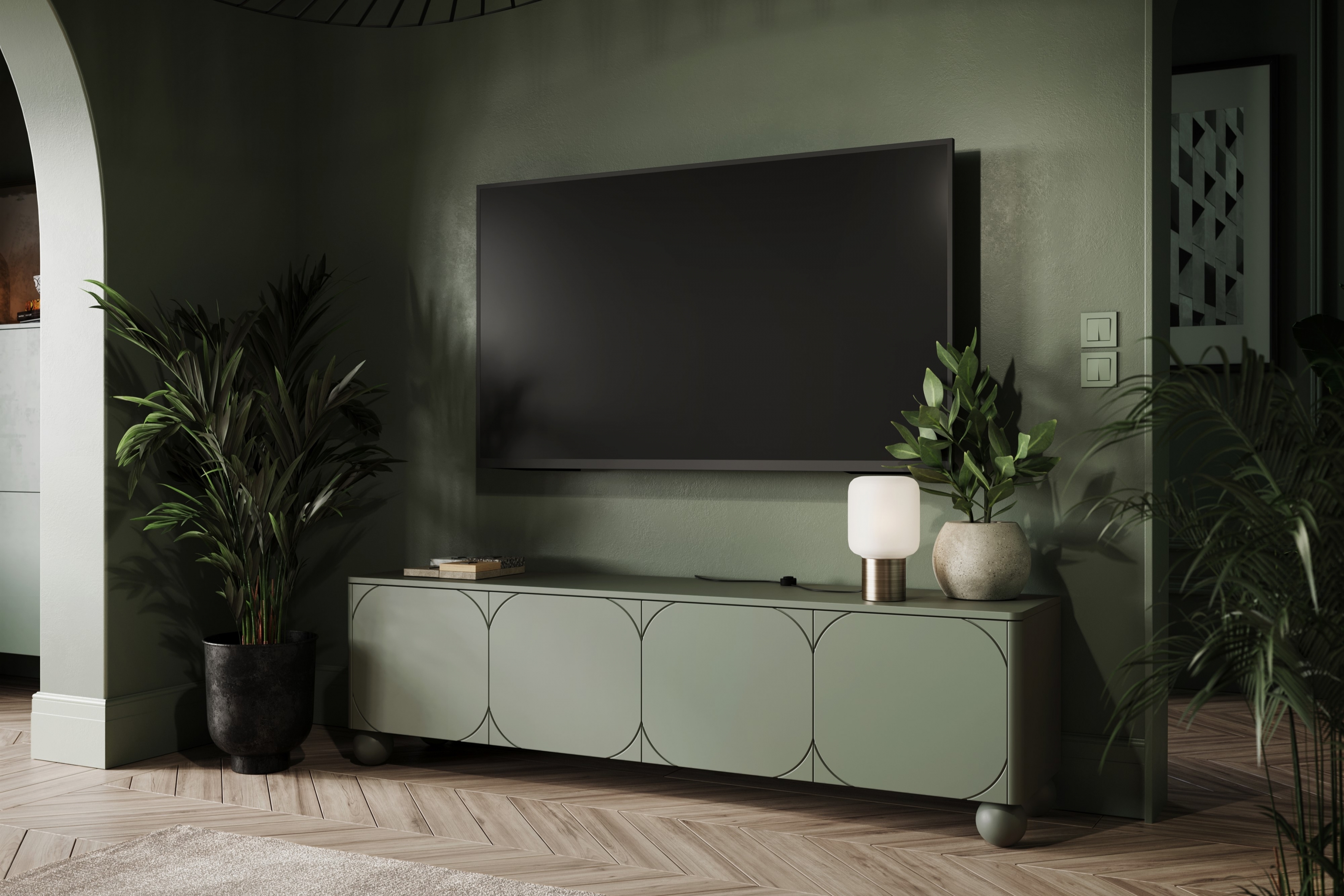 Sonatia II négyajtós TV szekrény - 200 cm - gömb lábakon - oliva színű szafka rtv do szoba